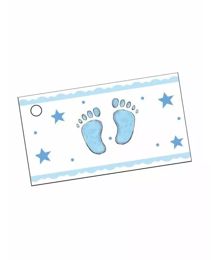 10 pappersetiketter blå fötter 9 x 2,5 cm