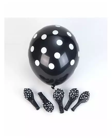 6 svarta latexballonger med vita prickar 30 cm