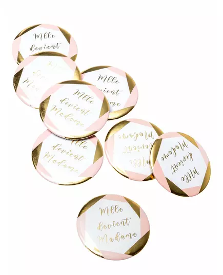 8 märken Fröken blir fru rosa och guld möhippa 5 cm