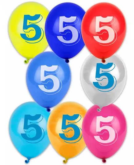 8 flerfärgade ballonger med siffran 5, 30 cm