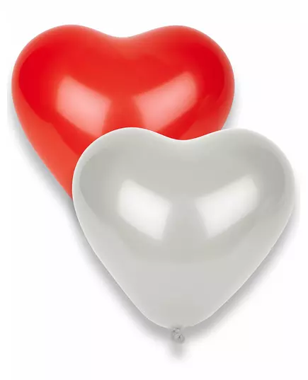 8 latexballonger med röda och vita hjärtan 36 cm