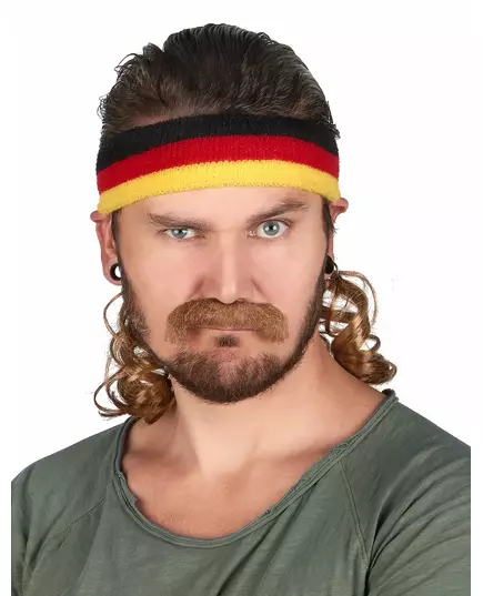 Svart, röd och gul hockeyfrilla med mustasch