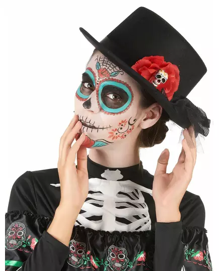Svart hög hatt med dödskalle och röd blomma Dia de los muertos vuxen