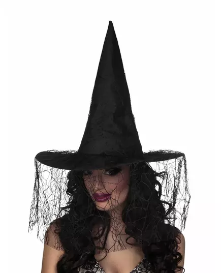 Svart häxhatt med spindelnäts-slöja för Halloween (dam)