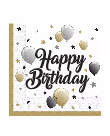 20 svarta, silver- och guldfärgade pappersservetter happy birthday 33 x 33 cm