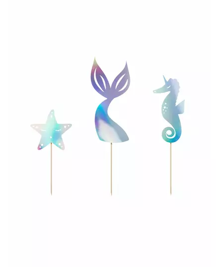 3 holografiska sjöjungfru-caketoppers 24,5 cm
