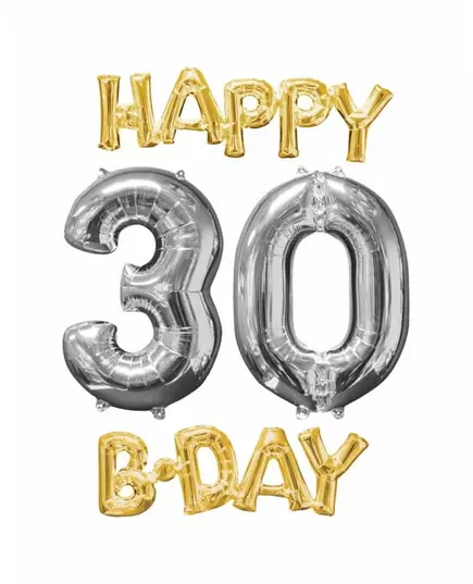 4 aluminiumfolieballonger Happy Bday 30 guld och silver