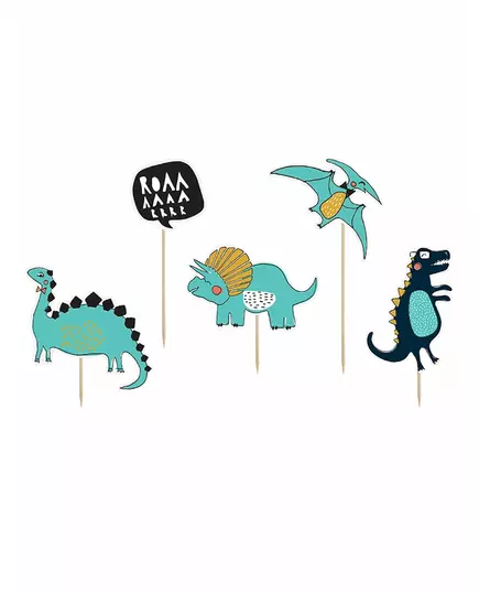 5 blå kartongtårtdekorationer dinosaurier 10,5–20 cm
