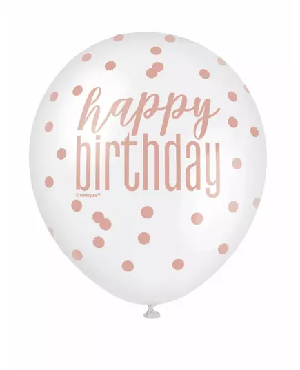 6 latexballonger happy birthday med vita och rosa prickar 30 cm