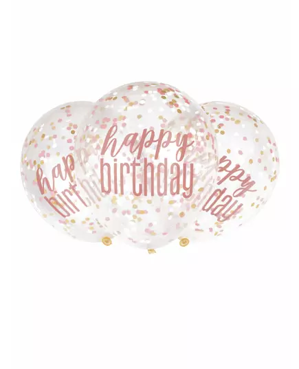 6 transparenta latexballonger med rosa konfetti och happy birthday 30 cm