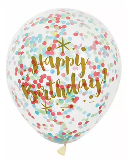 6 Happy Birthday-latexballonger med flerfärgade konfettibitar, 30 cm