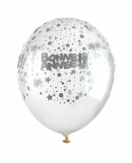 6 transparenta latexballonger Gott nytt år silver 30 cm
