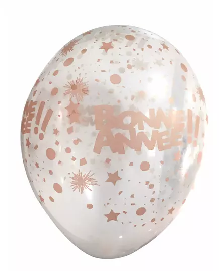 6 transparenta roséguldfärgade ballonger Gott nytt år 30 cm