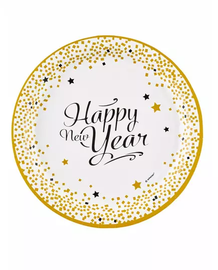 8 Happy New Year-papptallrikar gyllene 23 cm