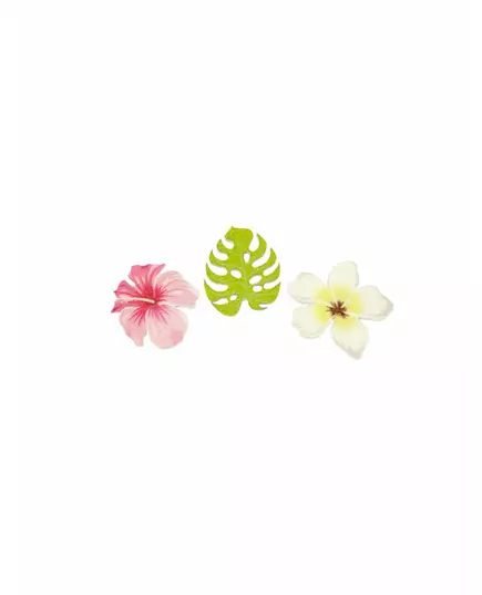 9 träkonfettibitar med tropiska blommor och blad 3,8 cm