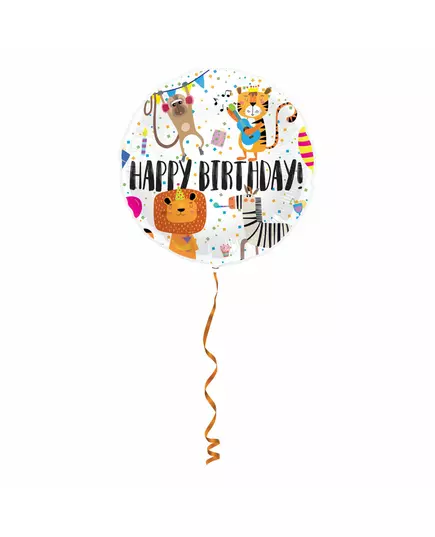 Aluminiumballong med djurmotiv och texten Happy Birthday 45 cm