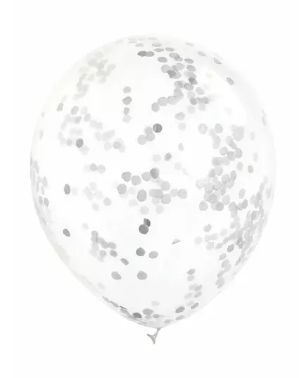 6 transparenta latexballonger med silverfärgade konfettier 30 cm
