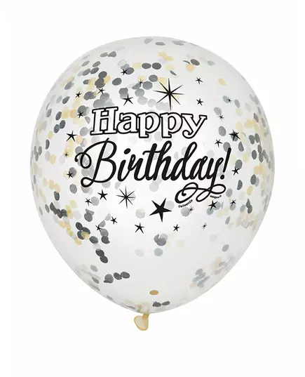 6 latexballonger med Happy Birthday-konfetti i silver och guld 30 cm