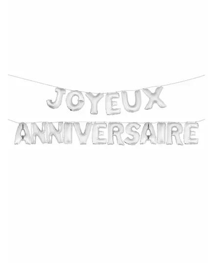 Aluminiumfolieballonger med bokstäverna Joyeux Anniversaire silver 36 cm
