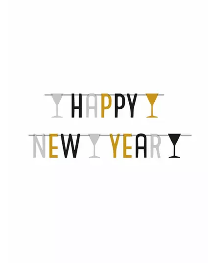 Girlang Happy New Year silver, svart och guld