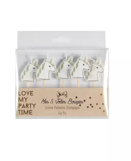 5 enhörningsljus på pinne med champagnefärgade glitter 4,5 x 3 cm