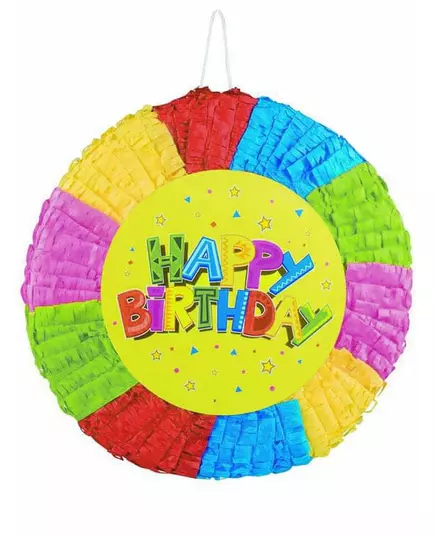 Rund flerfärgad Happy Birthday-piñata 40 cm