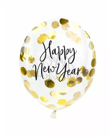 3 guldfärgade latexballonger med konfetti Happy New Year 27 cm