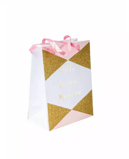 4 papperspåsar Mademoiselle blir fru rosa och guldfärgade 15 x 20 cm