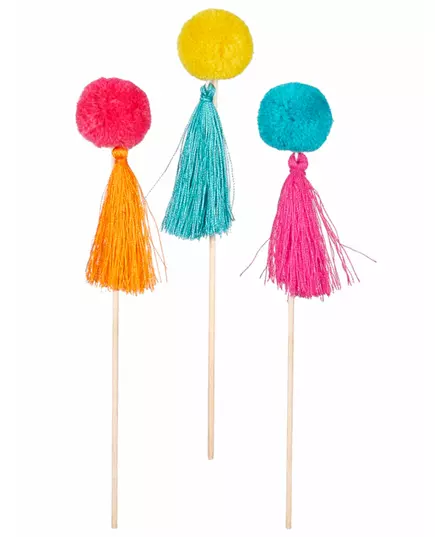 6 träpinnar med färgglada pomponger 16 cm