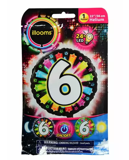 Färgglad LED-aluminiumfolieballong siffra 6 Illooms® 50 cm