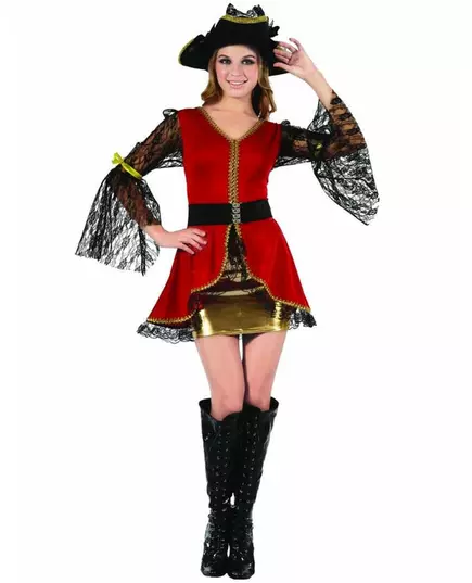 Röd och guldfärgad piratmaskeraddräkt dam, Storlek: Small