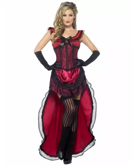 Röd sexig saloondansösmaskeraddräkt dam, Storlek: Small