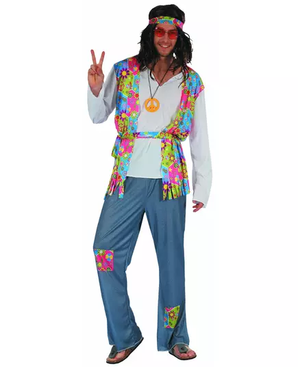 Hippiemaskeraddräkt med jeanseffekt herr, Storlek: Medium