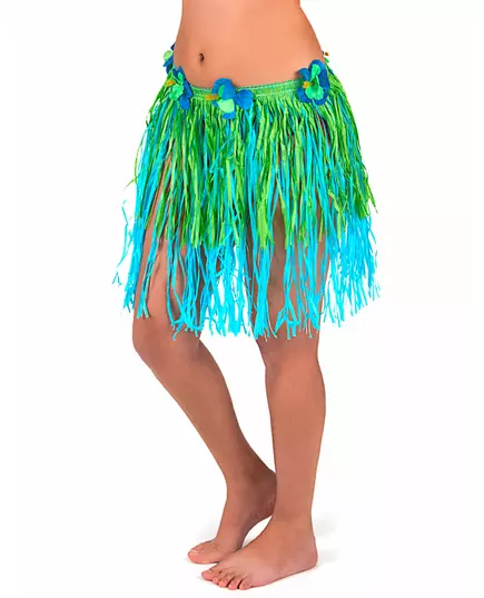 Kort grön och blå hawaiikjol med blommor vuxen