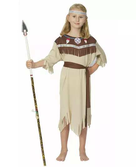Beige indianmaskeraddräkt med fransar flicka, Storlek: 4-6 år (110-120 cm)