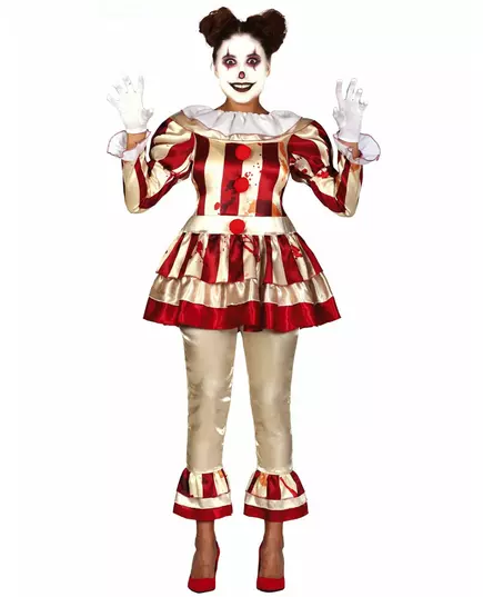 Skrämmande röd och vit clownmaskeraddräkt dam, Storlek: Small (36-38)