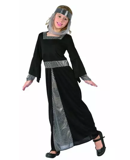 Svart medeltida prinsessmaskeraddräkt flicka, Storlek: 7-9 år (120-130 cm)