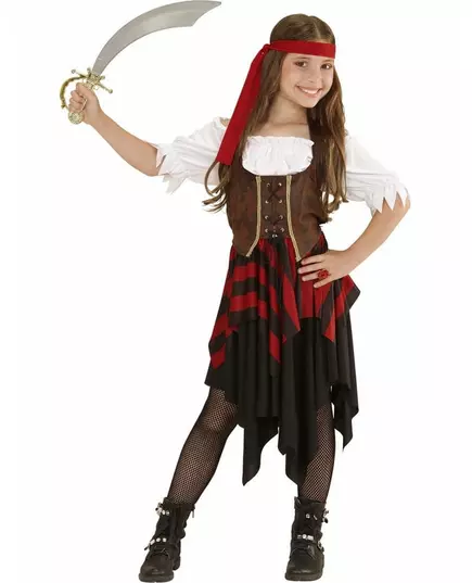 Brun och svart piratmaskeraddräkt med korsett flicka, Storlek: 5-7 år (128 cm)