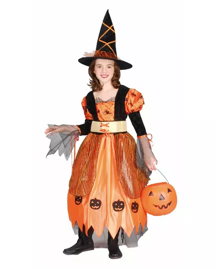 Orange häxmaskeraddräkt flicka Halloween, Storlek: 7-9 år (120-130 cm)
