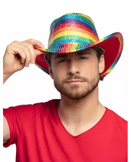 Regnbågsfärgad cowboyhatt med paljetter vuxen
