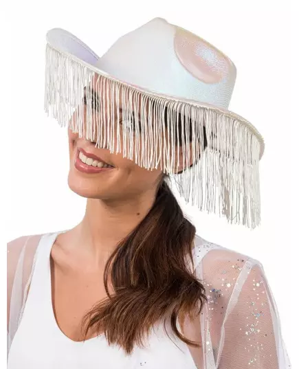 Vit iriserande cowboyhatt med fransar vuxen