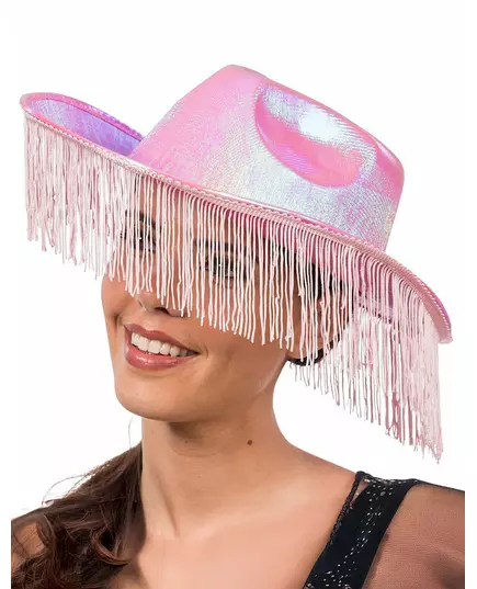 Iridescerande rosa cowboyhatt med fransar vuxen
