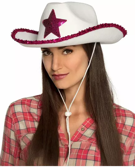 Vit cowgirlhatt med rosa paljettstjärnor