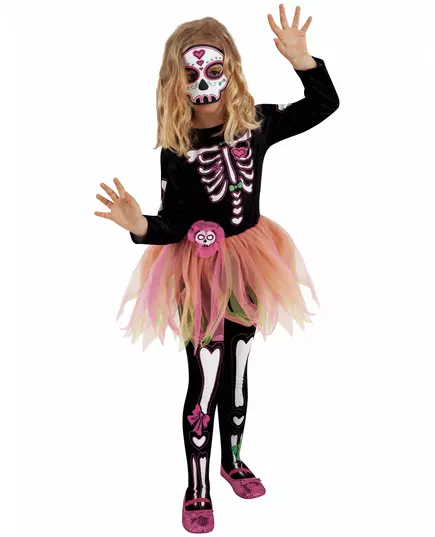 Miss Dia de los Muertos maskeraddräkt med mask och strumpbyxor barn, Storlek: 5-7 år