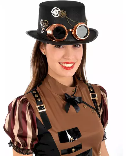 Steampunk-cylinderhatt i filt med glasögon, vuxen
