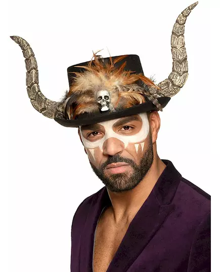 Voodoohatt med horn och fjädrar för vuxen