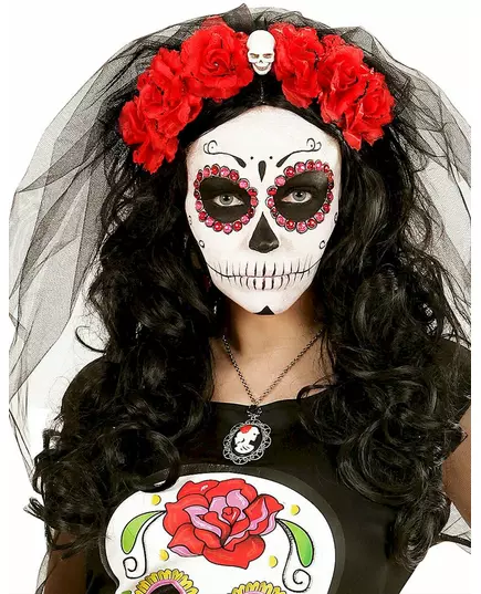 Röd blomsterhuvudbonad med dödskalle dam Dia de los muertos