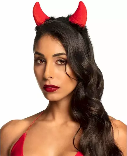 Röda djävulshorn med svart päls vuxen Halloween