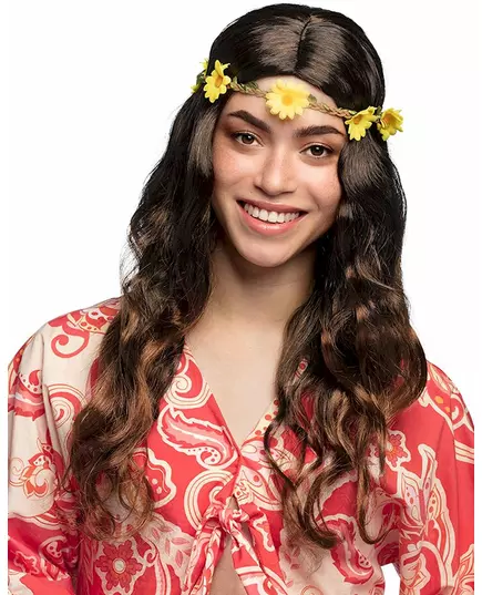 Lång brun peruk med blommigt hårband dam