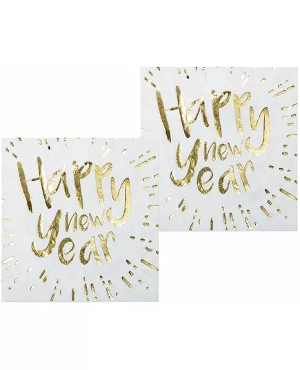 20 vita och guldfärgade pappersservetter Happy New Year 33 x 33 cm